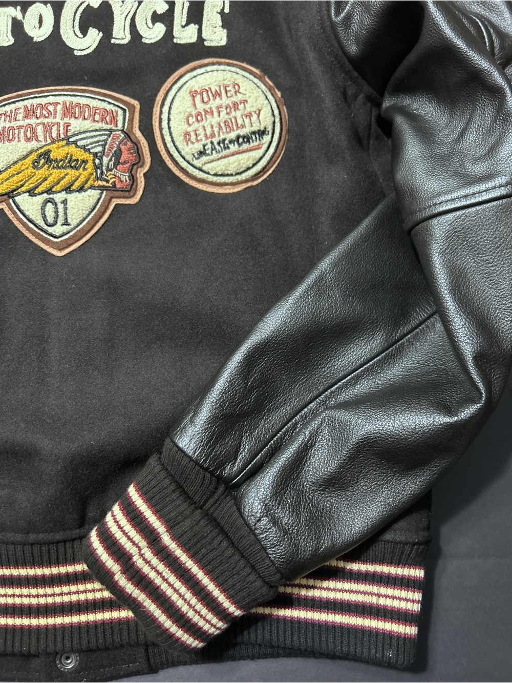 Vintage Indian Motorcycle Leather Sleeve Varsity Bomber Jacket Black L Patches - Picture 15 of 16